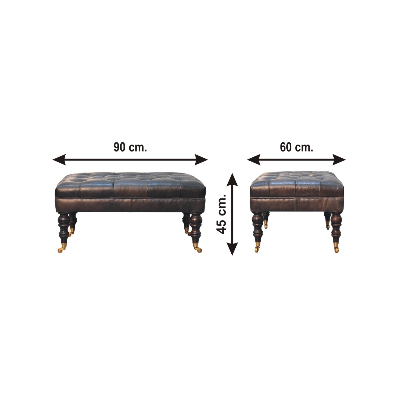 Size chart for Buffalo Ash Black Leather Ottoman with Castor Legs Storage Bench