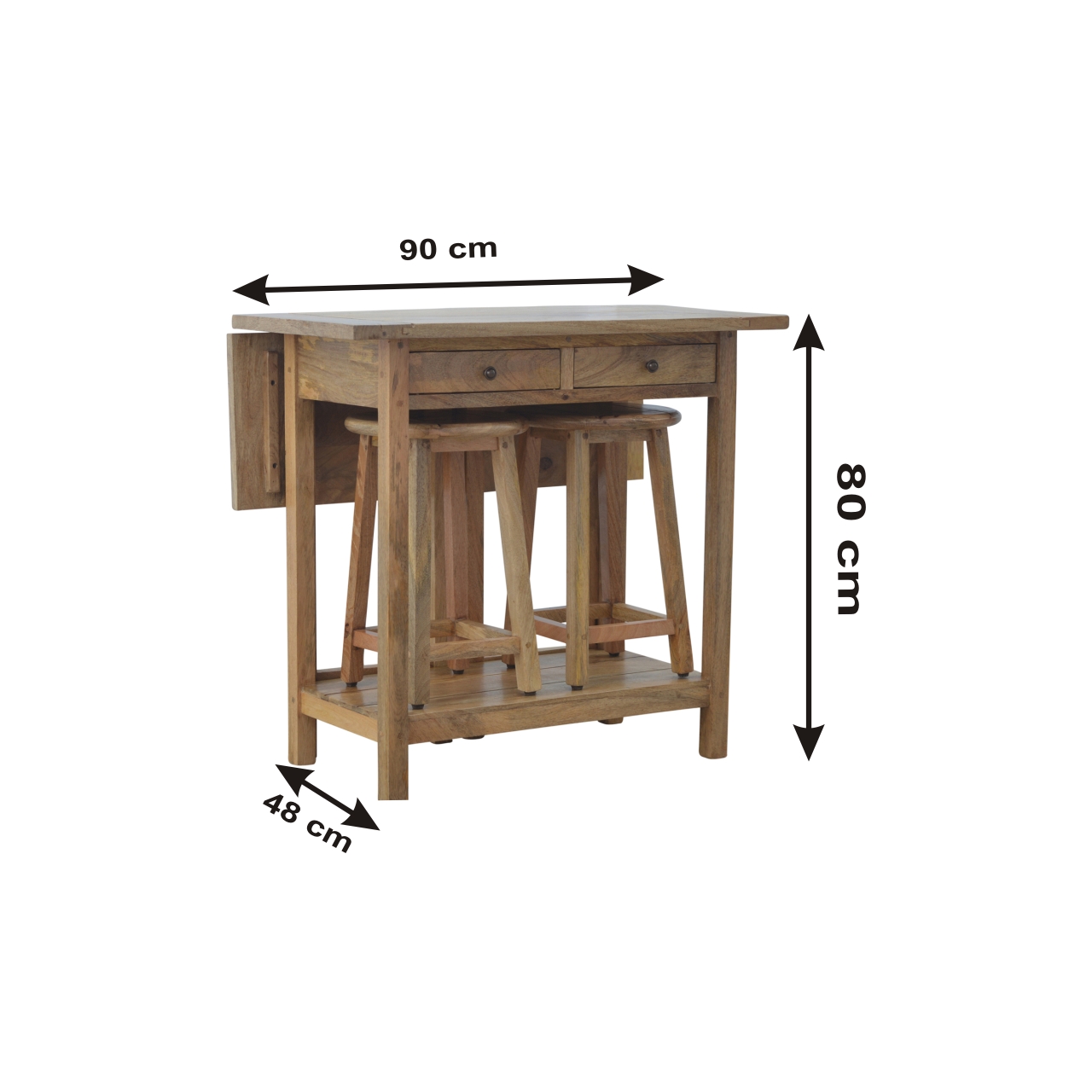 Size chart for Breakfast Table With 2 Stools Footstool | Oak Solid Mango Wood