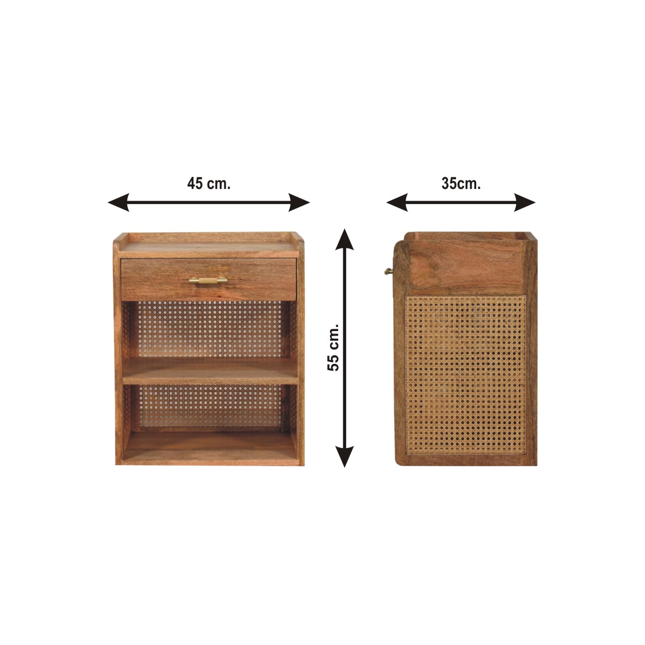 Size chart for Larissa T-Bar Open Bedside Table | Oak Mango Wood Open Shelf