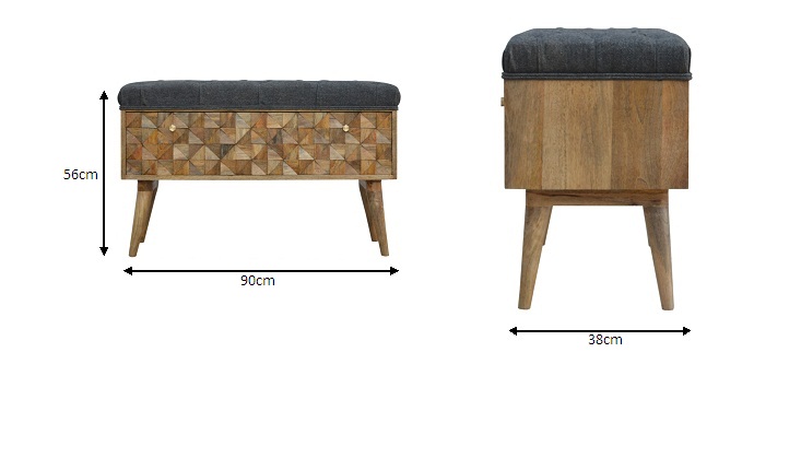 Size chart for Grey Tweed Diamond Bench | Hand-Carved