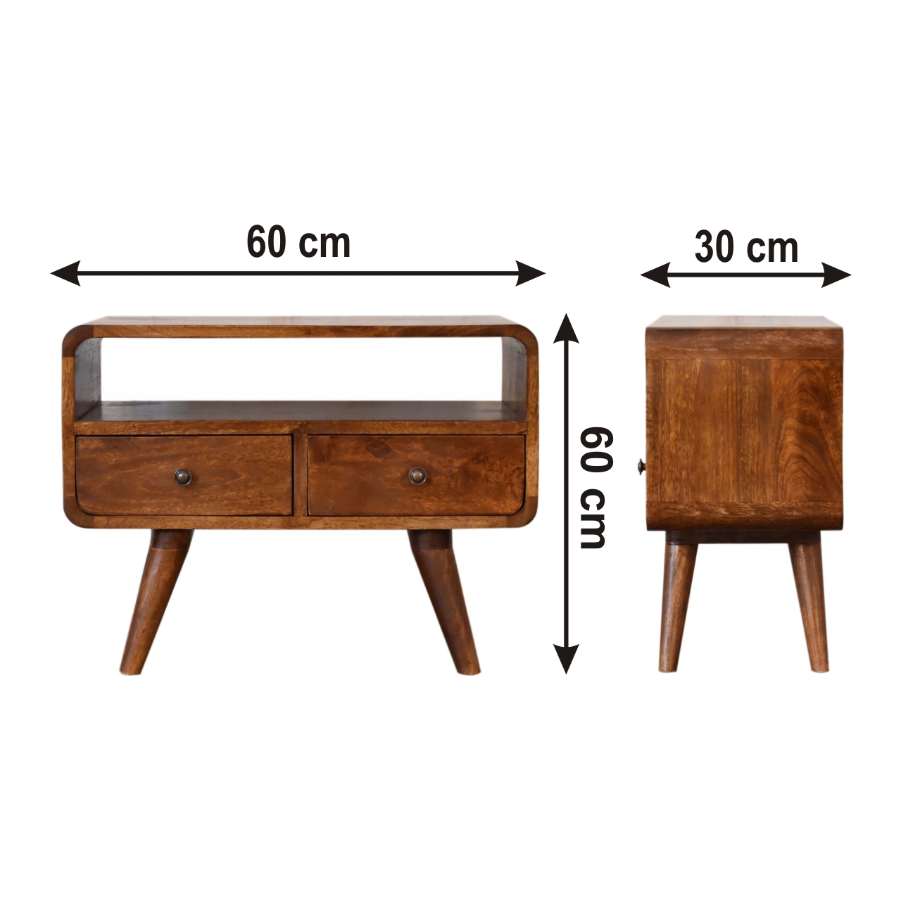 Size chart for Mini Chestnut Curved Media Unit with 2 Drawers