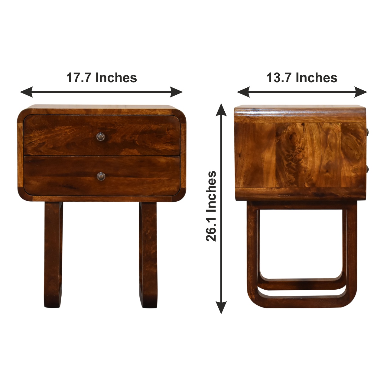 Size chart for U-Curved Chestnut Bedside Table