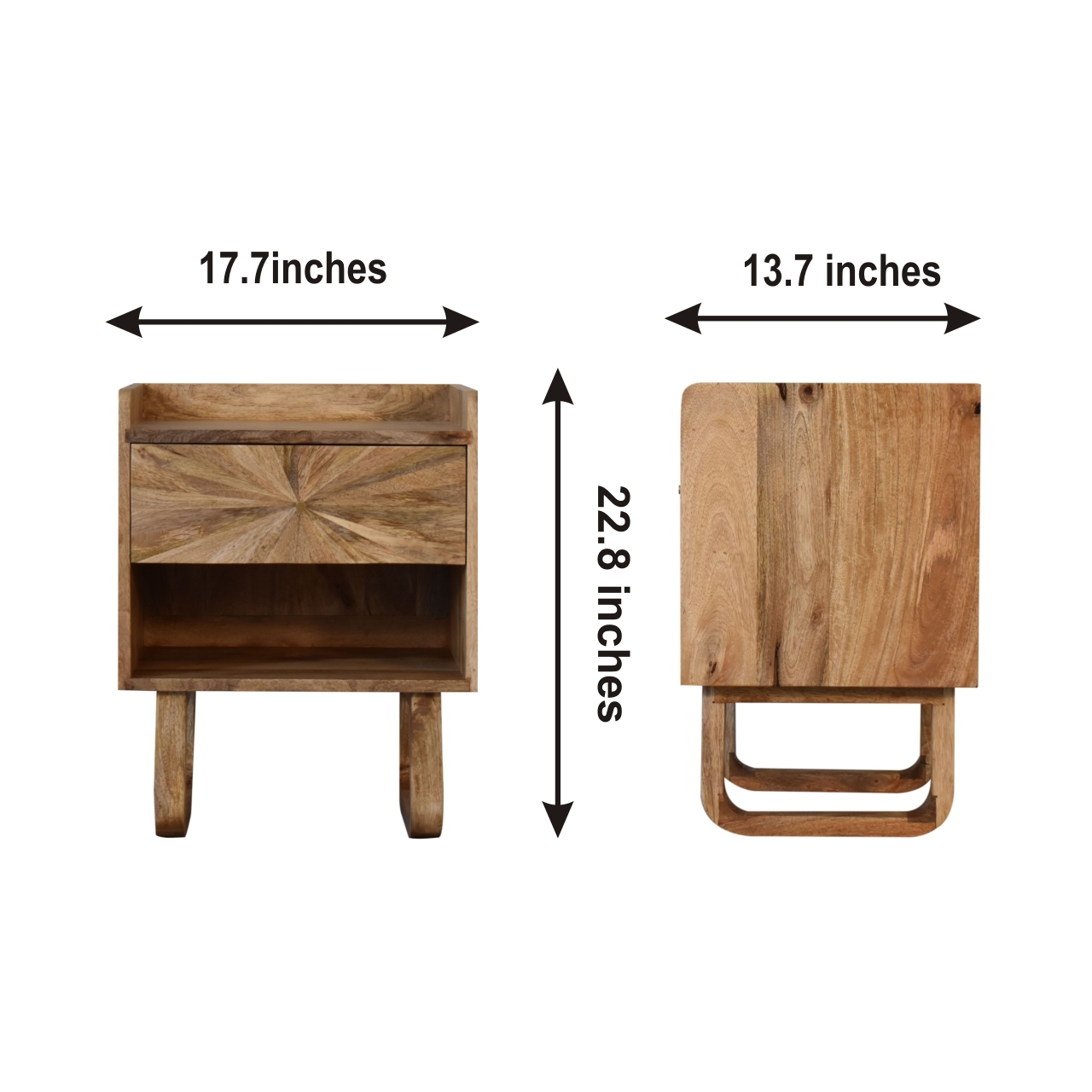 Size chart for U-Shape Sunrise Open Slot Bedside Table