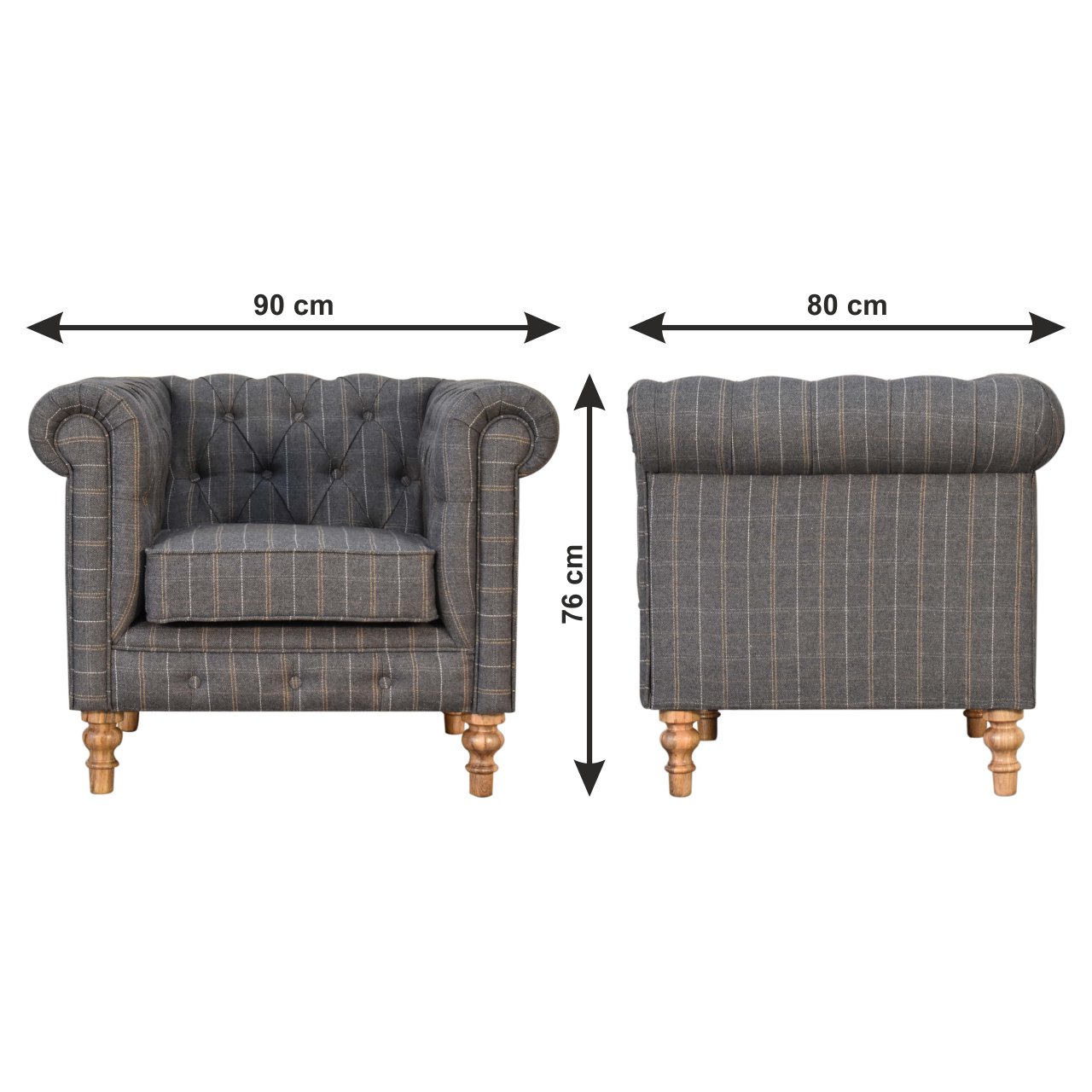 Size chart for Pewter Tweed Chesterfield Armchair