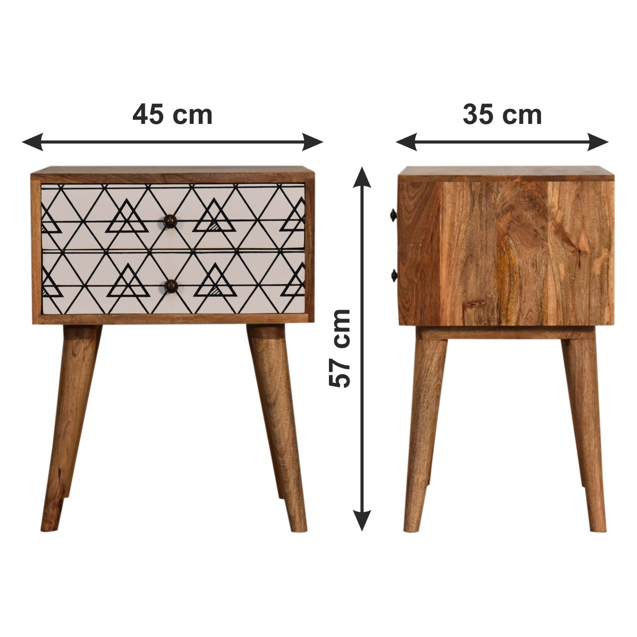 Size chart for Triangular Printed Bedside Table | Oak Mango Wood