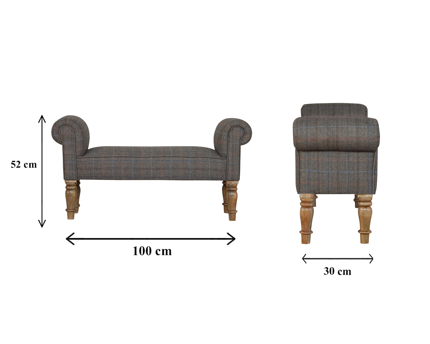 Size chart for Multi Tweed Turned Bedroom Bench