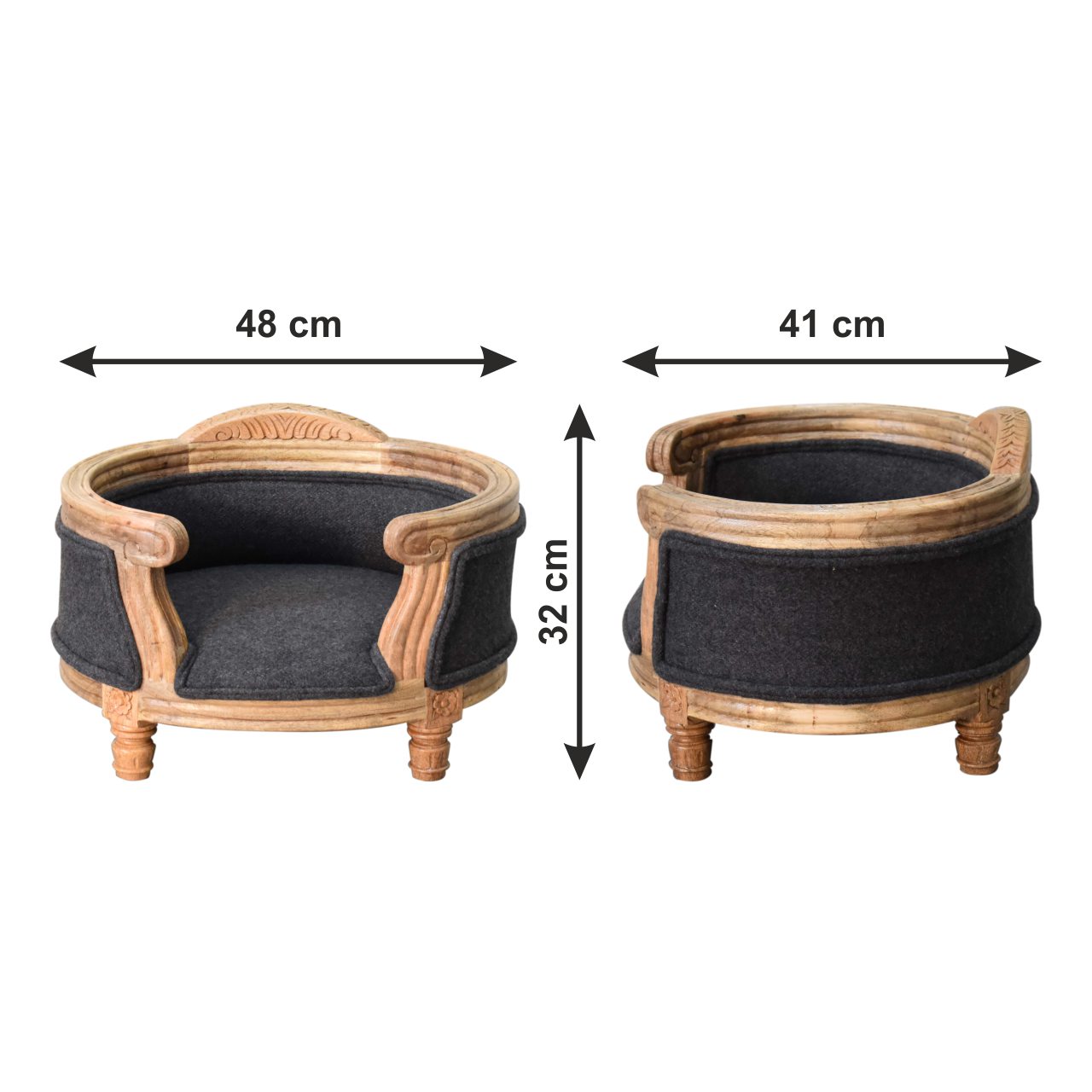 Size chart for Carved Battleship Tweed Pet Bed | Hand-Carved