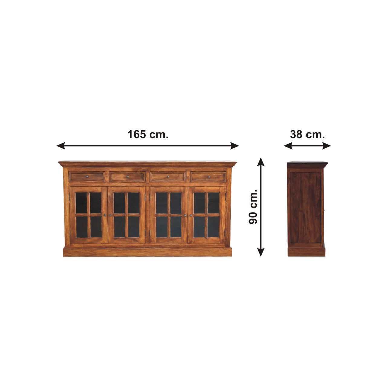 Size chart for Large Glazed Sideboard Chest of Drawers | Chestnut Solid Mango Wood