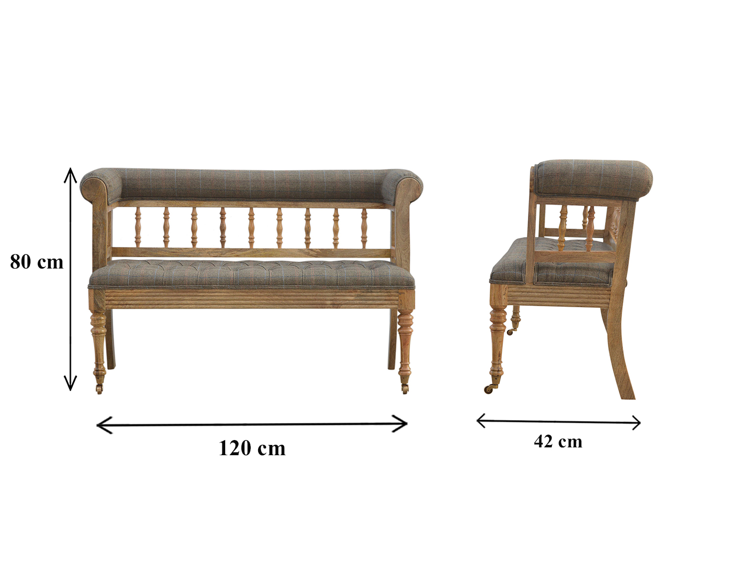 Size chart for Multi Tweed Deep Button Bench | Oak-Ish
