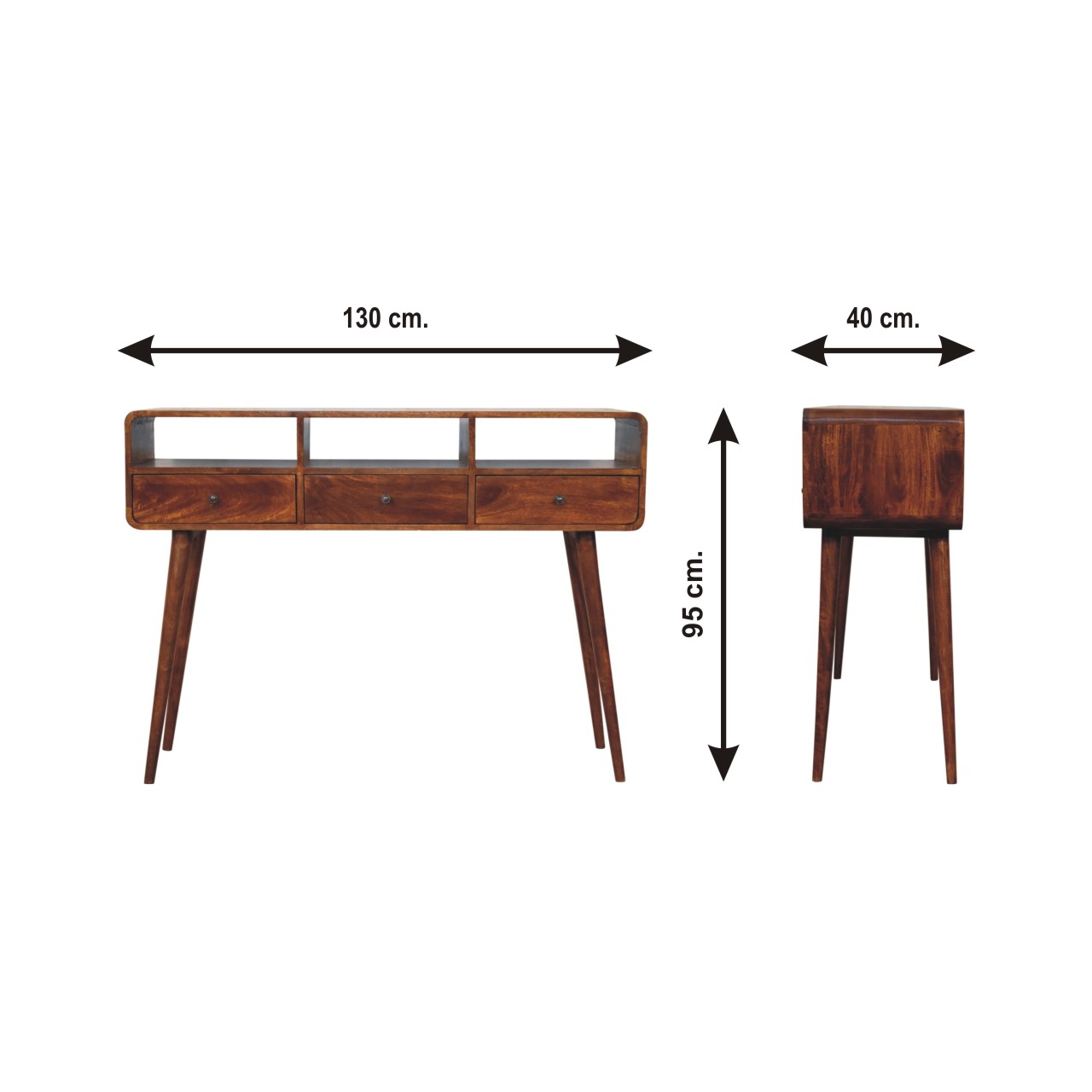Size chart for Triple Curved Chestnut Console Table