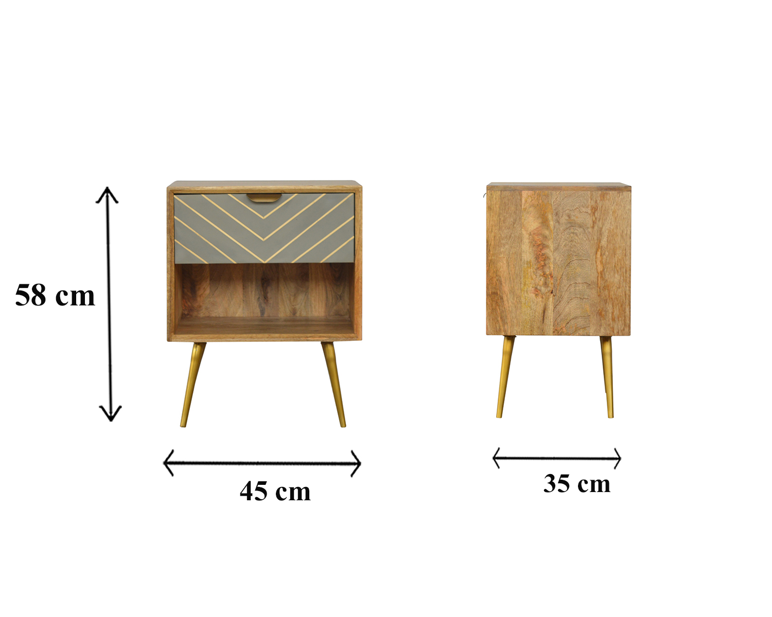 Size chart for Cement Inlay Bedside with Open Slot Bedside Table | Oak-Ish Mango Wood