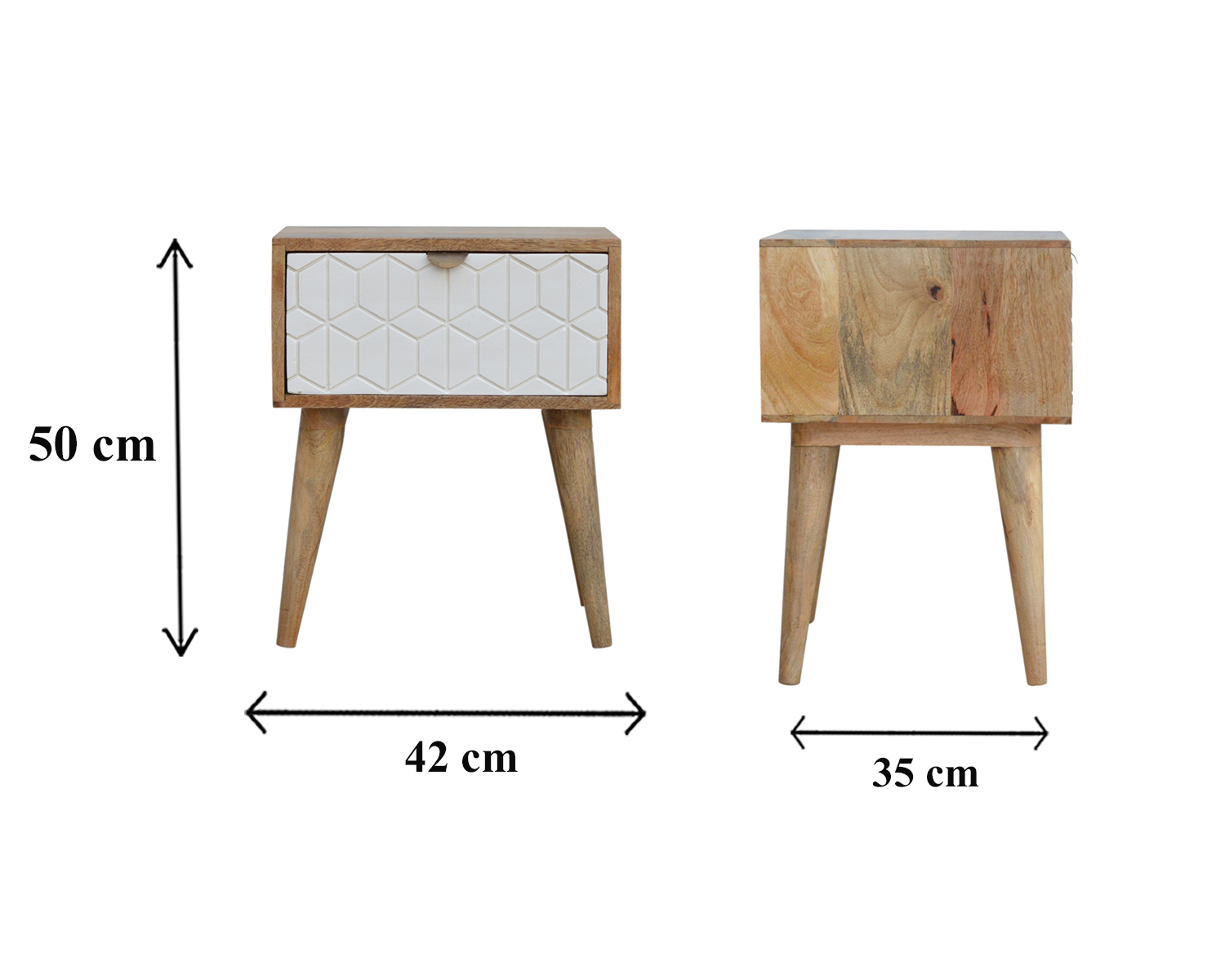 Size chart for Sleek White Carved Bedside Table | Oak Solid Mango Wood Hand-Carved