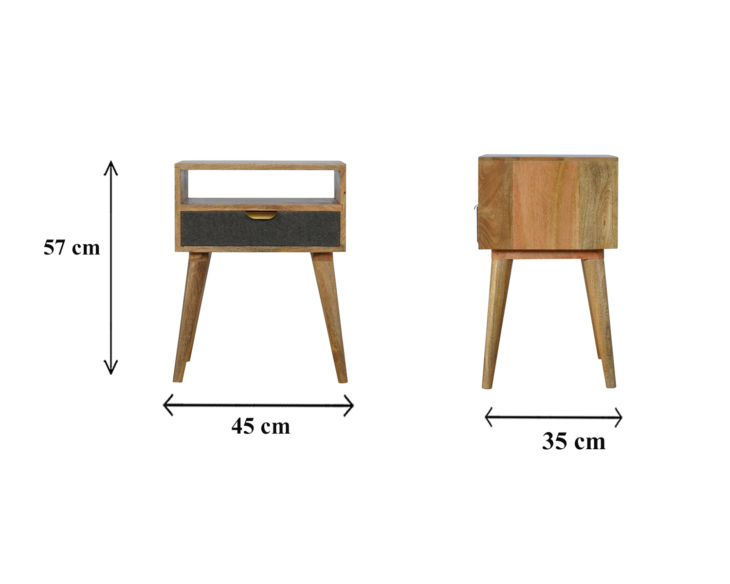 Size chart for Grey Tweed Bedside with Open Slot Bedside Table