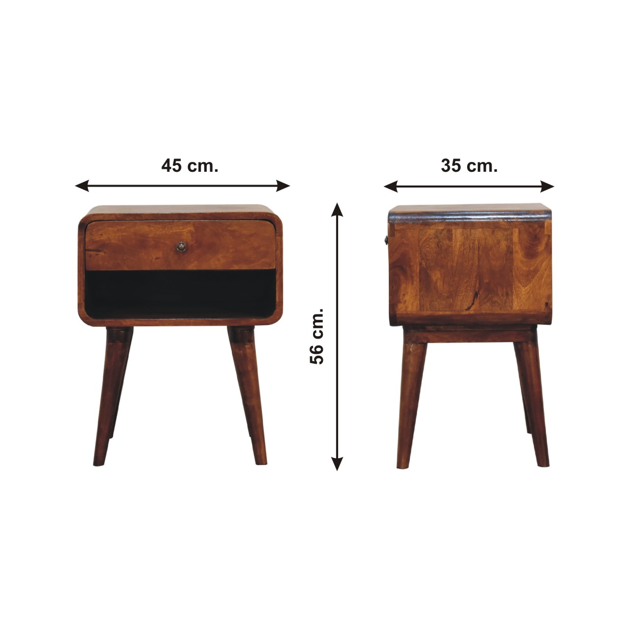 Size chart for Curve Open Slot Chestnut Bedside Table