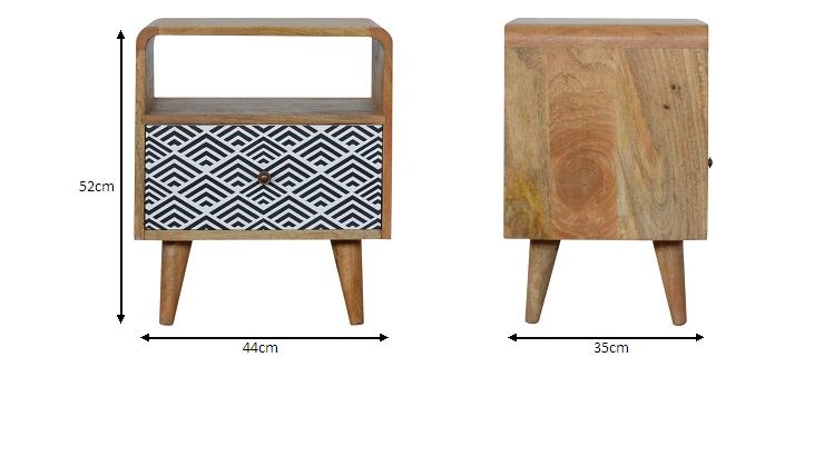 Size chart for Mono Print Bedside with Open Slot Bedside Table | Oak-Ish Mango Wood
