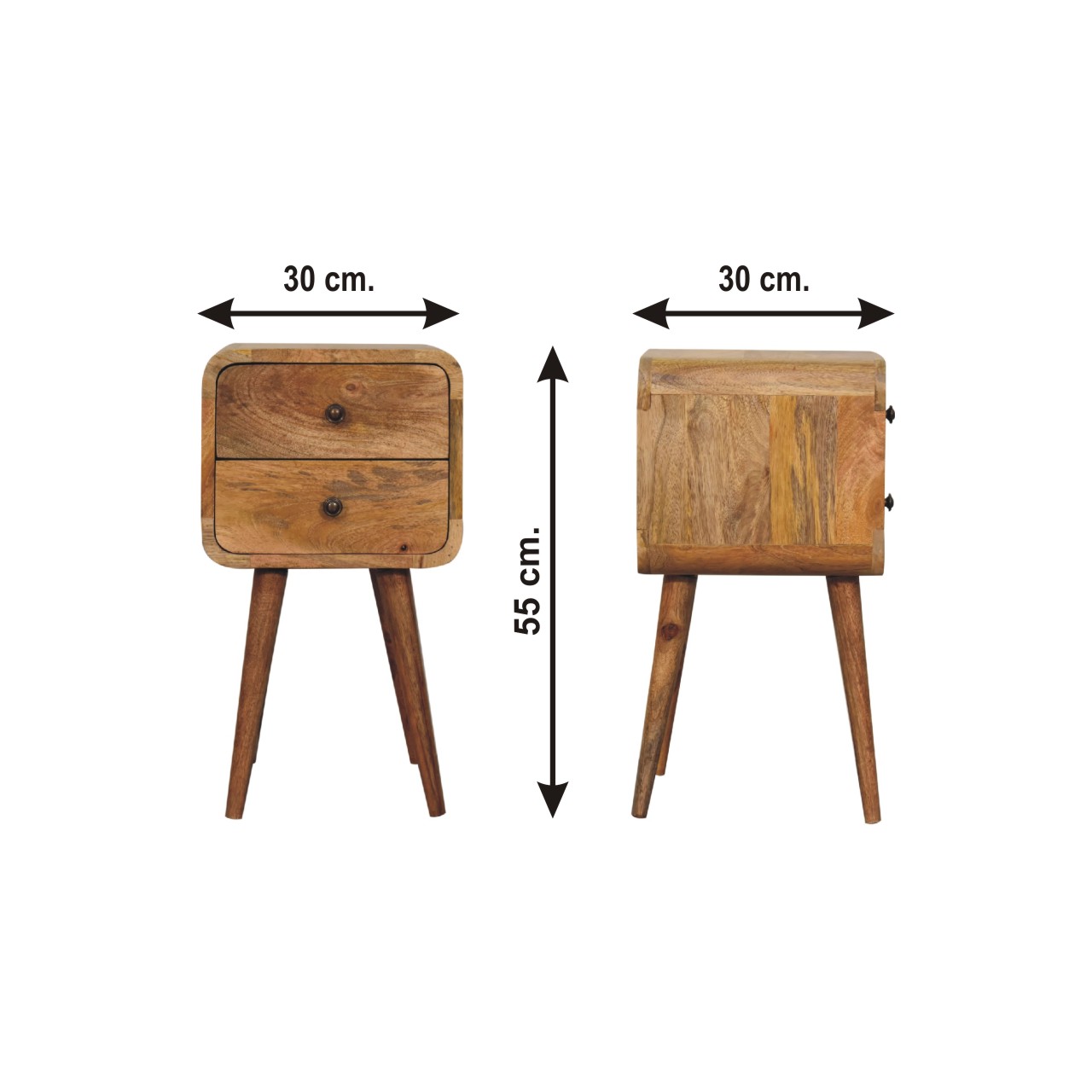 Size chart for Mini Oak-ish Curved Bedside Table
