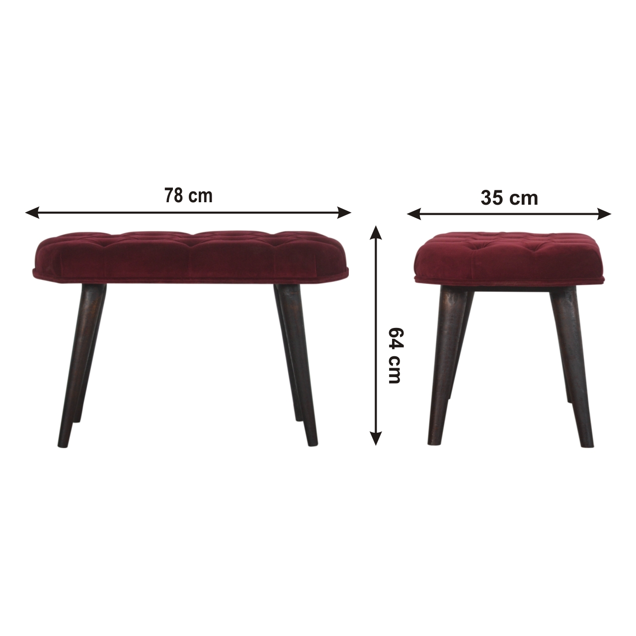 Size chart for Wine Red Velvet Deep Button Bench