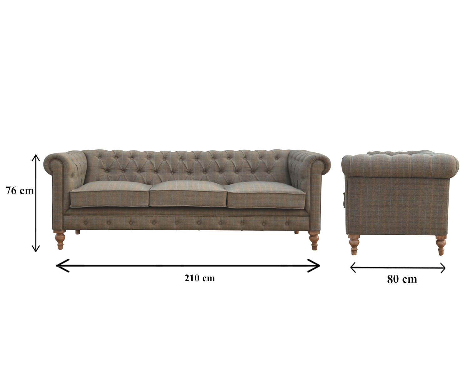 Size chart for Multi Tweed 3 Seat Chesterfield Chest of Drawers