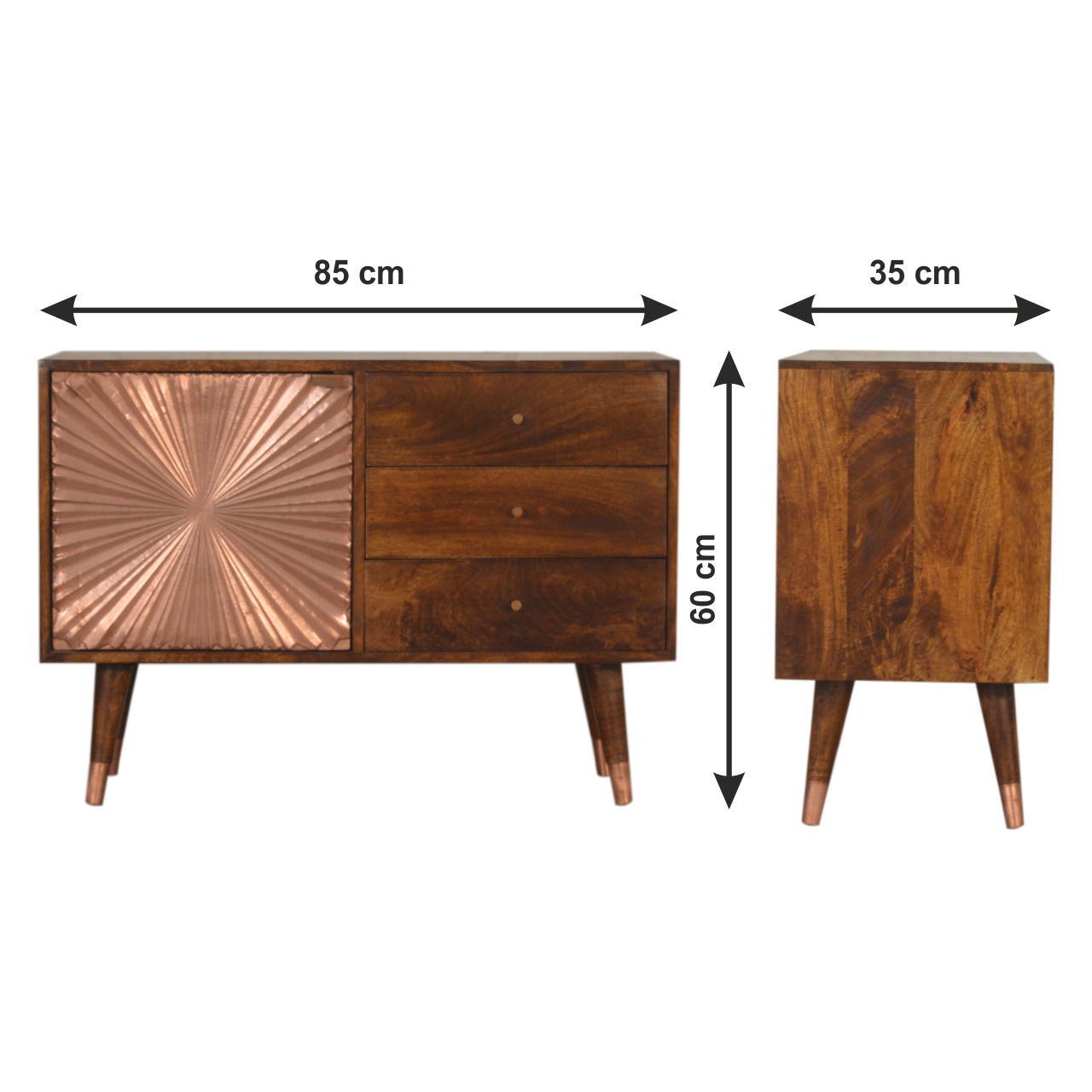Size chart for Manila Copper Sideboard Chest of Drawers | Chestnut Solid Mango Wood