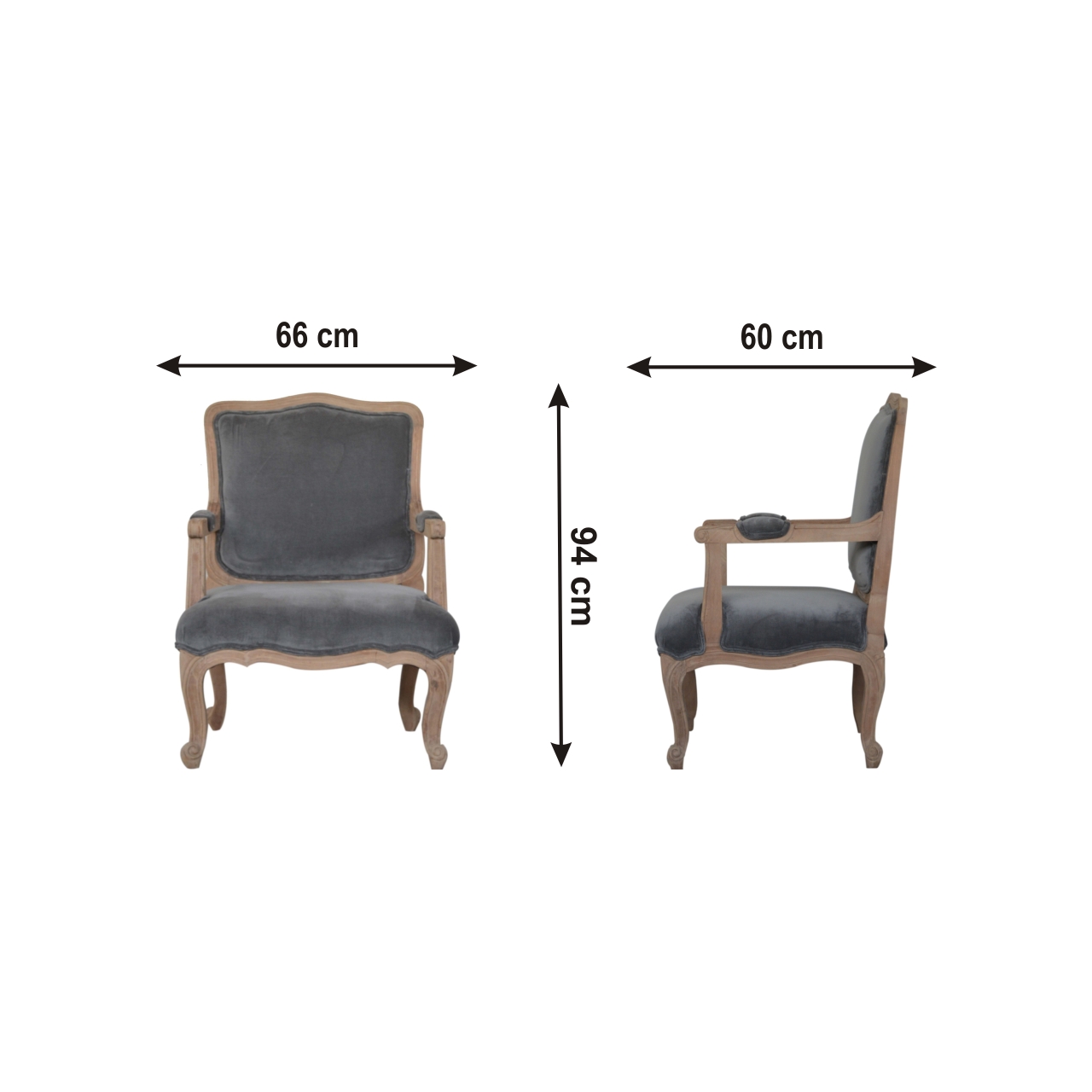 Size chart for Grey Velvet French Style Chair
