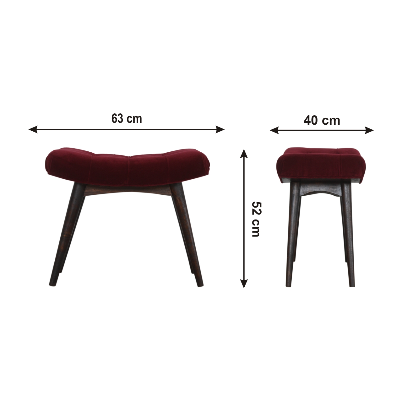 Size chart for Wine Red Cotton Velvet Curved Bench