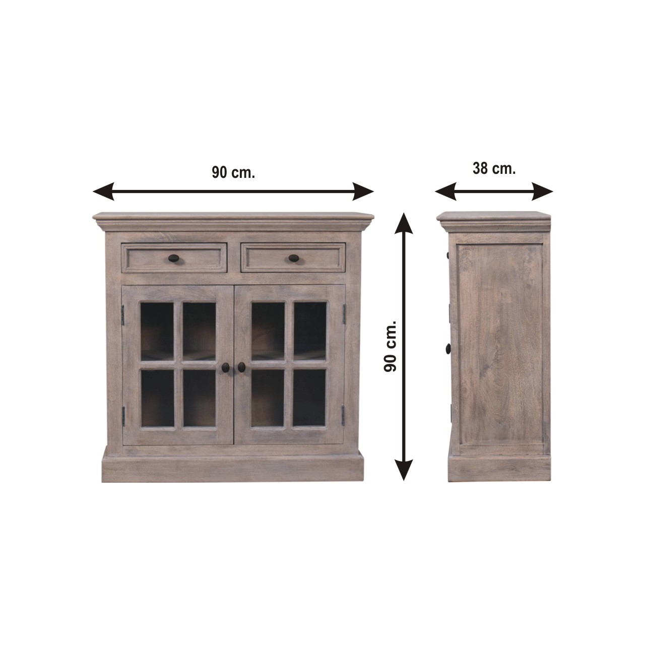 Size chart for Stone Finish Cabinet with Glazed Doors Chest of Drawers