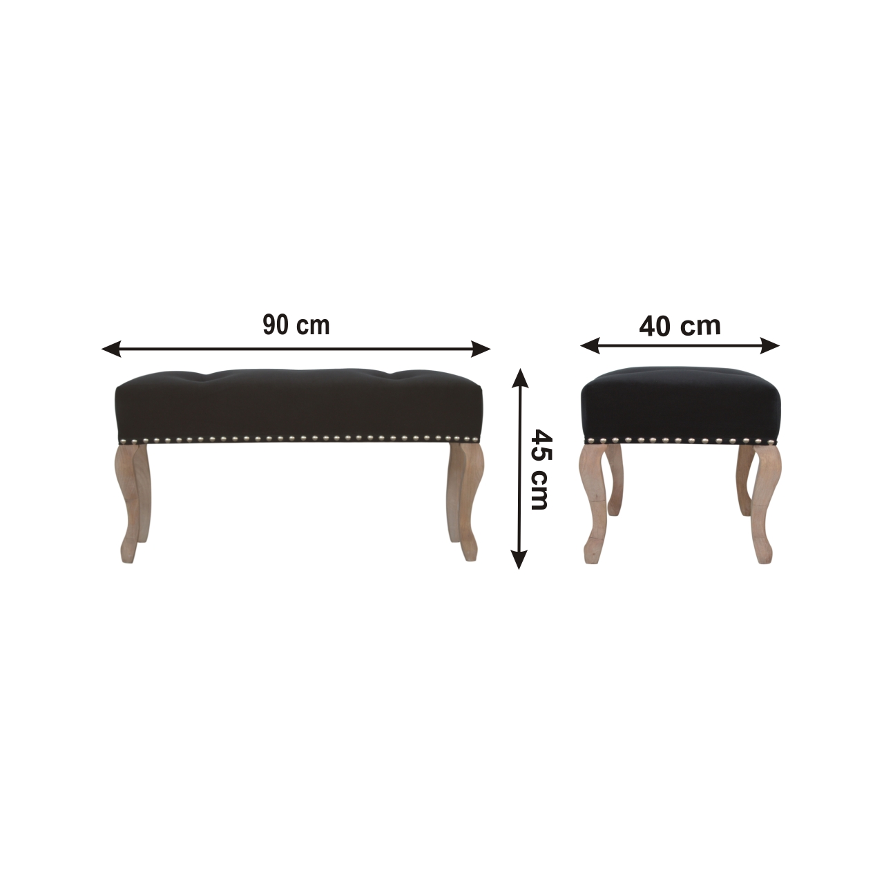 Size chart for French Style Black Velvet Bench | Cotton Velvet Hand-Carved
