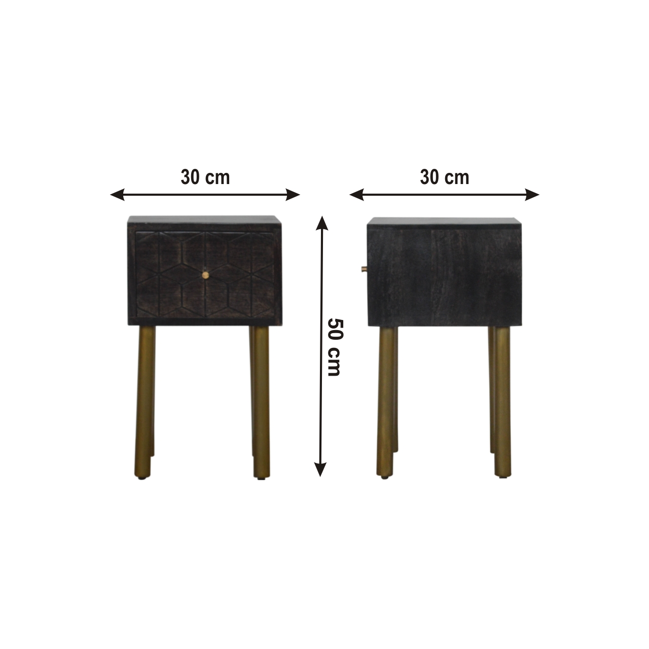 Size chart for Doha Bedside Table | Black Solid Mango Wood