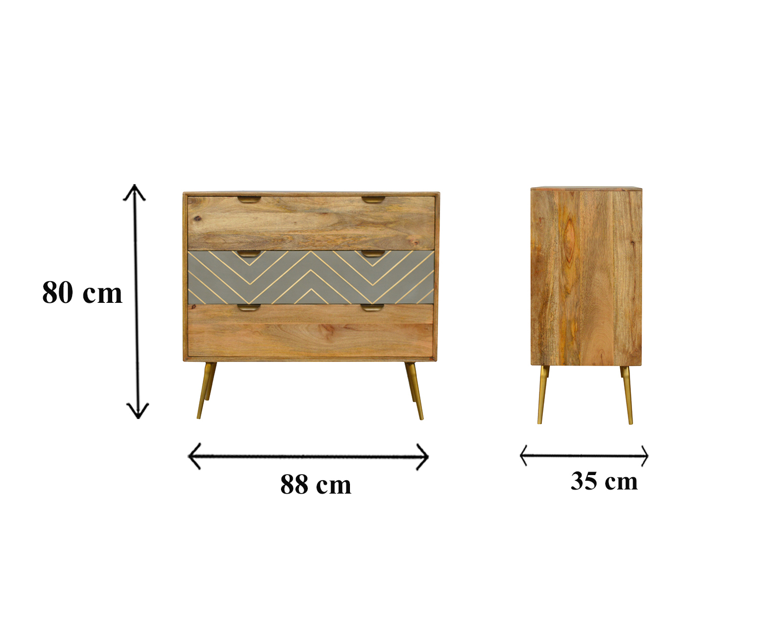 Size chart for Sleek Cement Brass Inlay Chest of Drawers | Oak Mango Wood