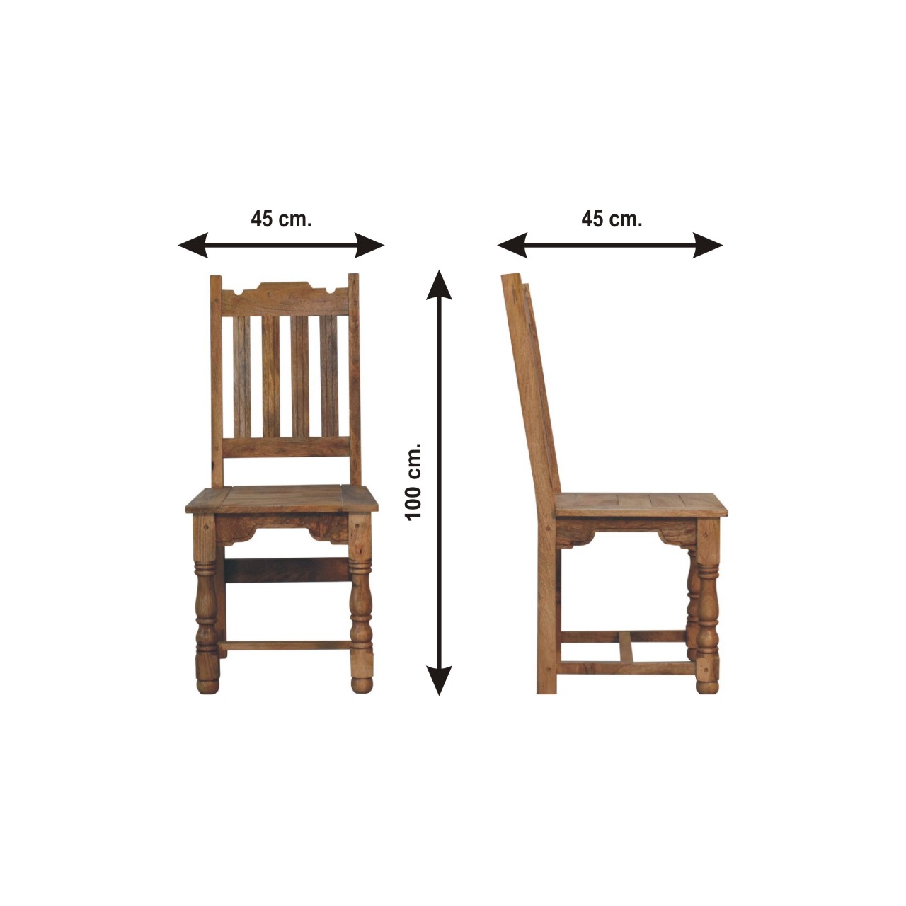 Size chart for Granary Turned Dining Chair Set of 2 | Distressed Oak Solid Mango Wood