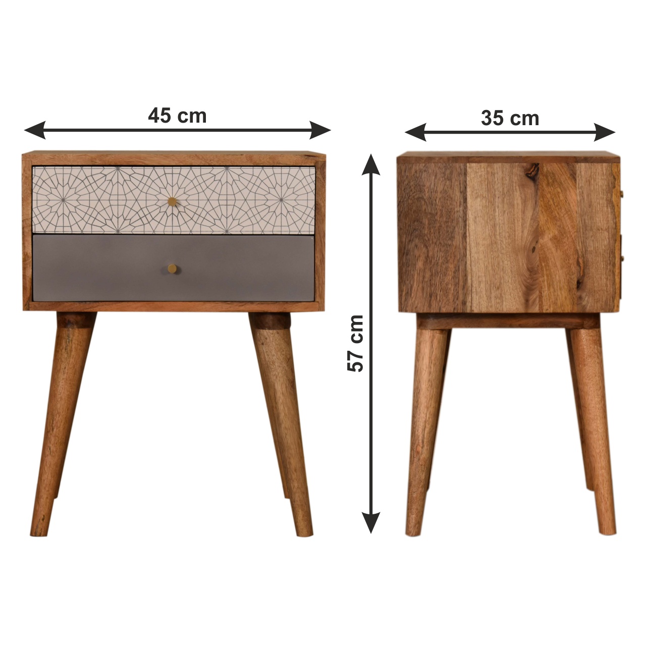 Size chart for Grey Patterned Bedside Table | Oak-Ish Solid Mango Wood