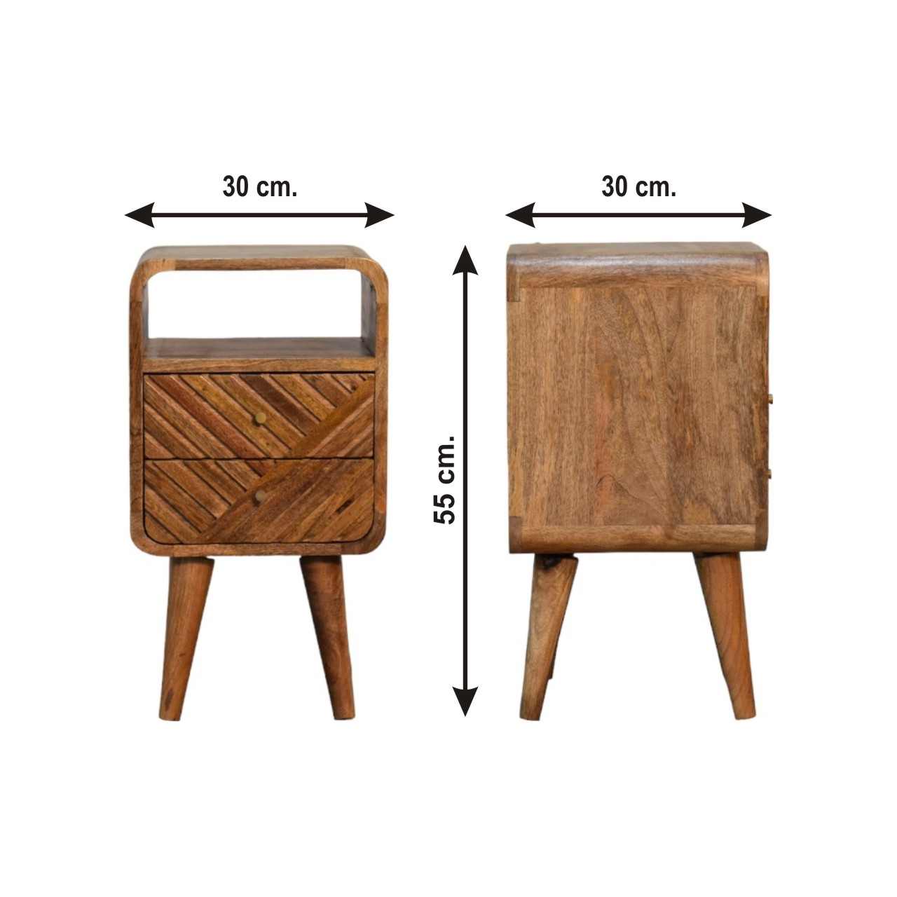 Size chart for Mini Lille Curved Bedside Table | Oak Solid Mango Wood Open Shelf