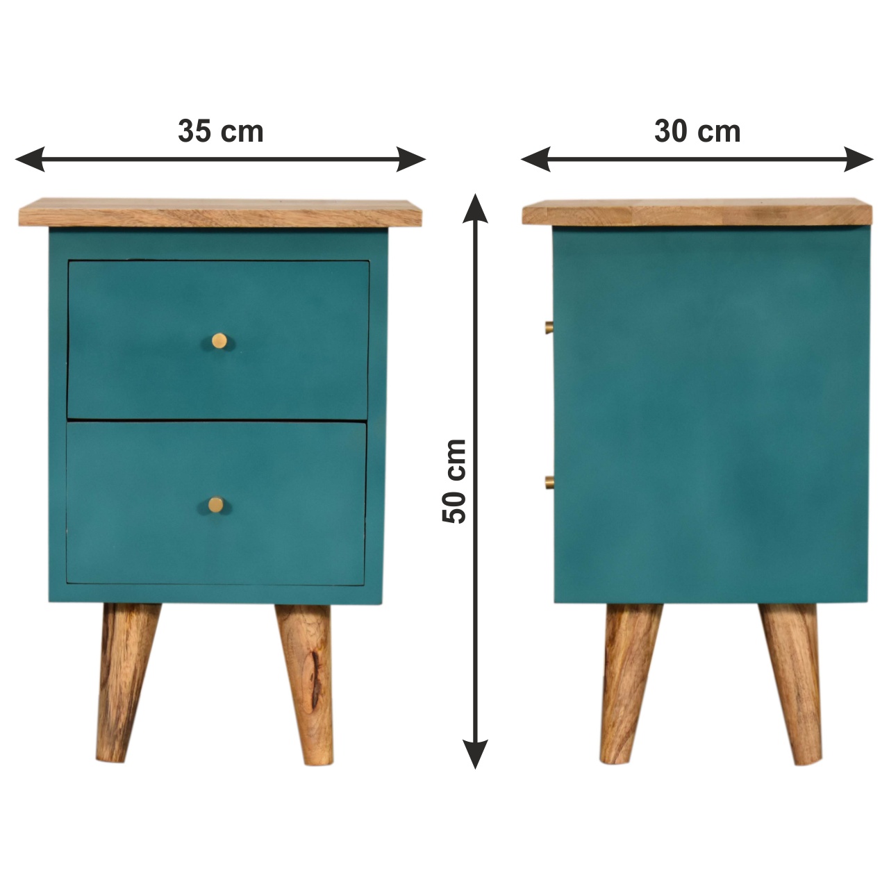 Size chart for Teal Hand Painted Bedside Table | Oak-Ish Mango Wood
