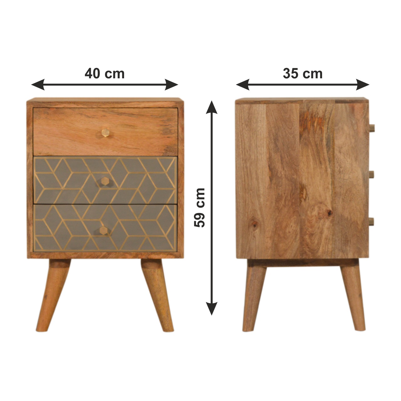 Size chart for Dice 3 Drawer Bedside