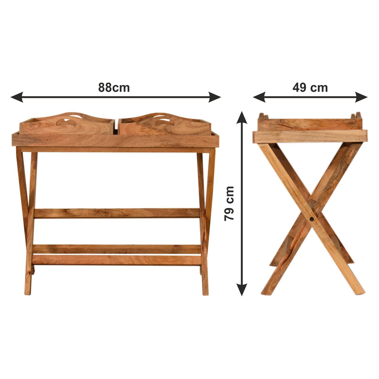 Size chart for Prima Butler Tray Table Accent Piece | Oak Mango Wood