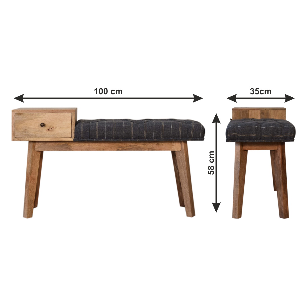 Size chart for Pewter Tweed Bench with 1 Drawer