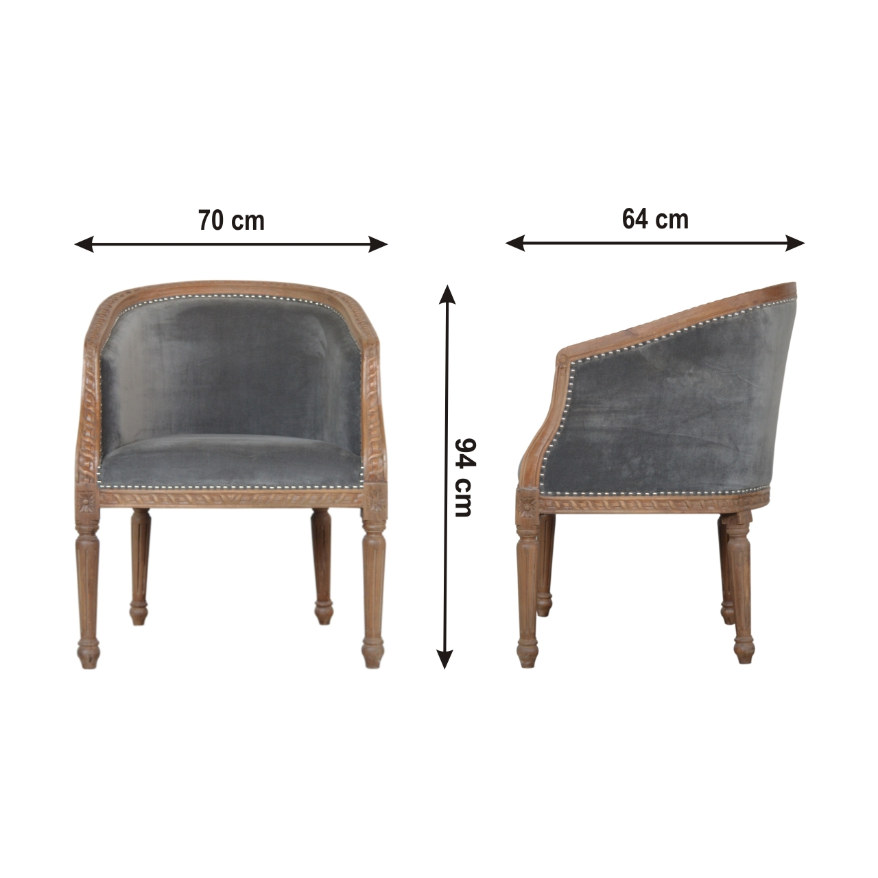 Size chart for Grey Velvet Occasional Chair