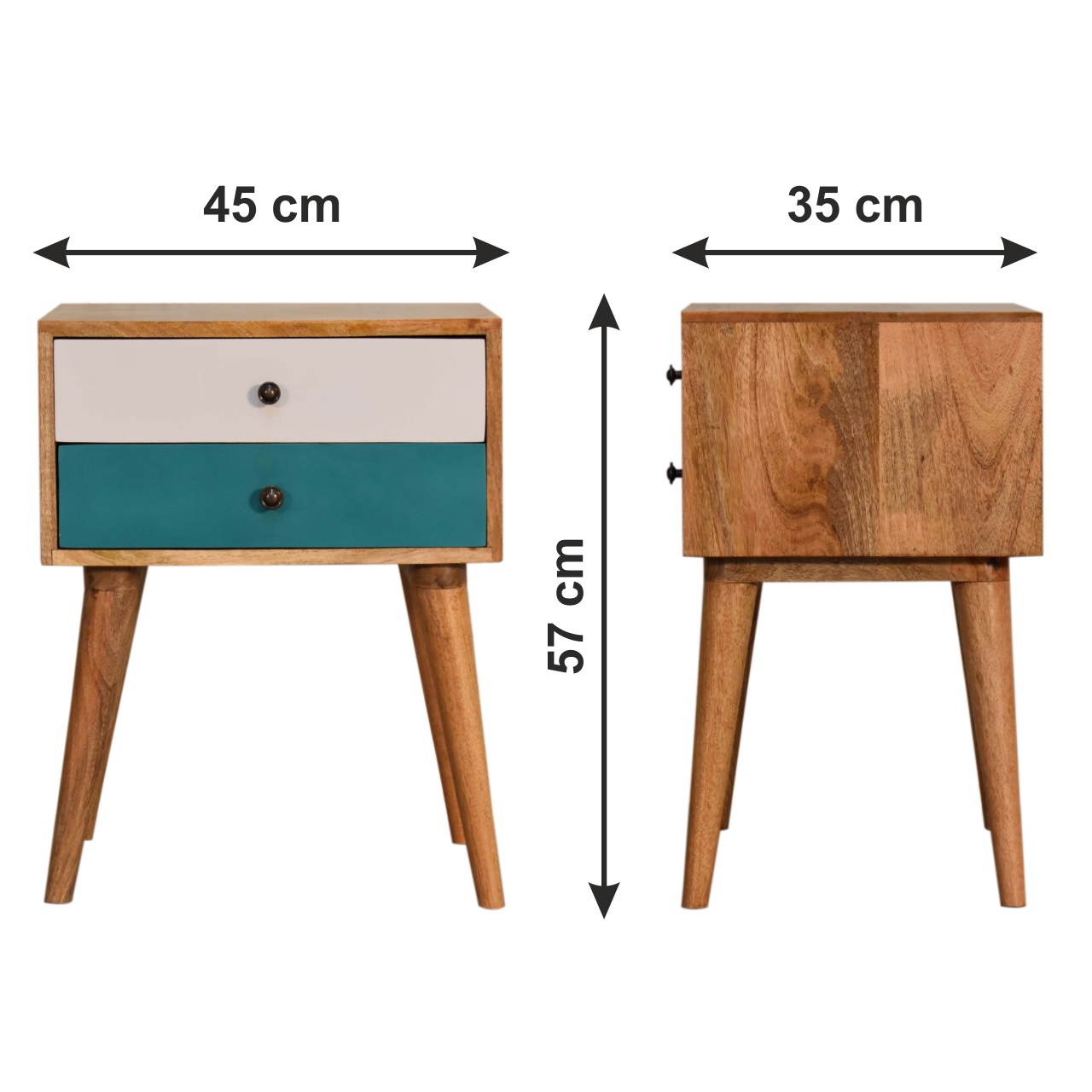Size chart for Teal Modern Solid Wood Bedside Table | Hand-Painted Mango Wood