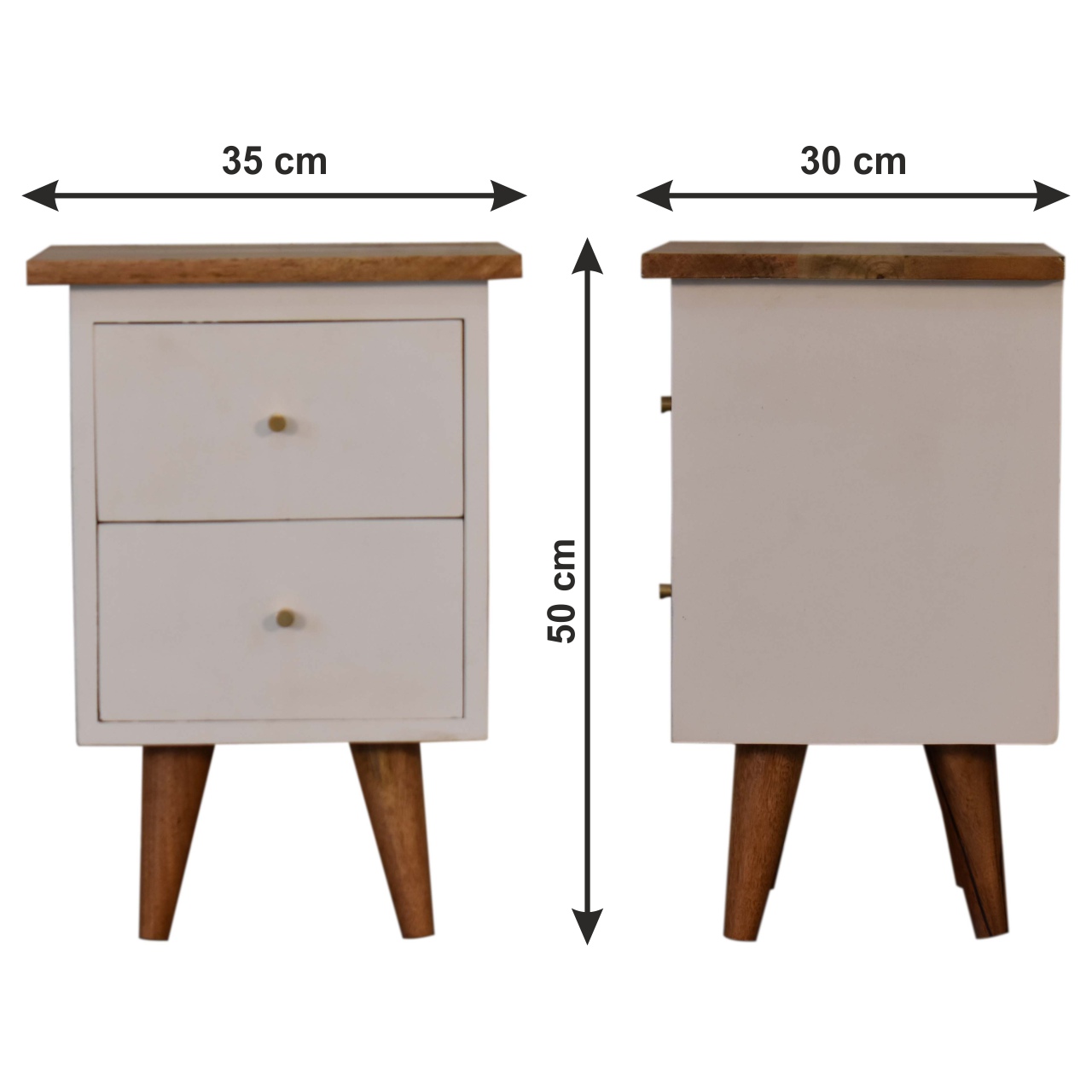 Size chart for White Hand Painted Bedside Table | Oak-Ish Solid Mango Wood