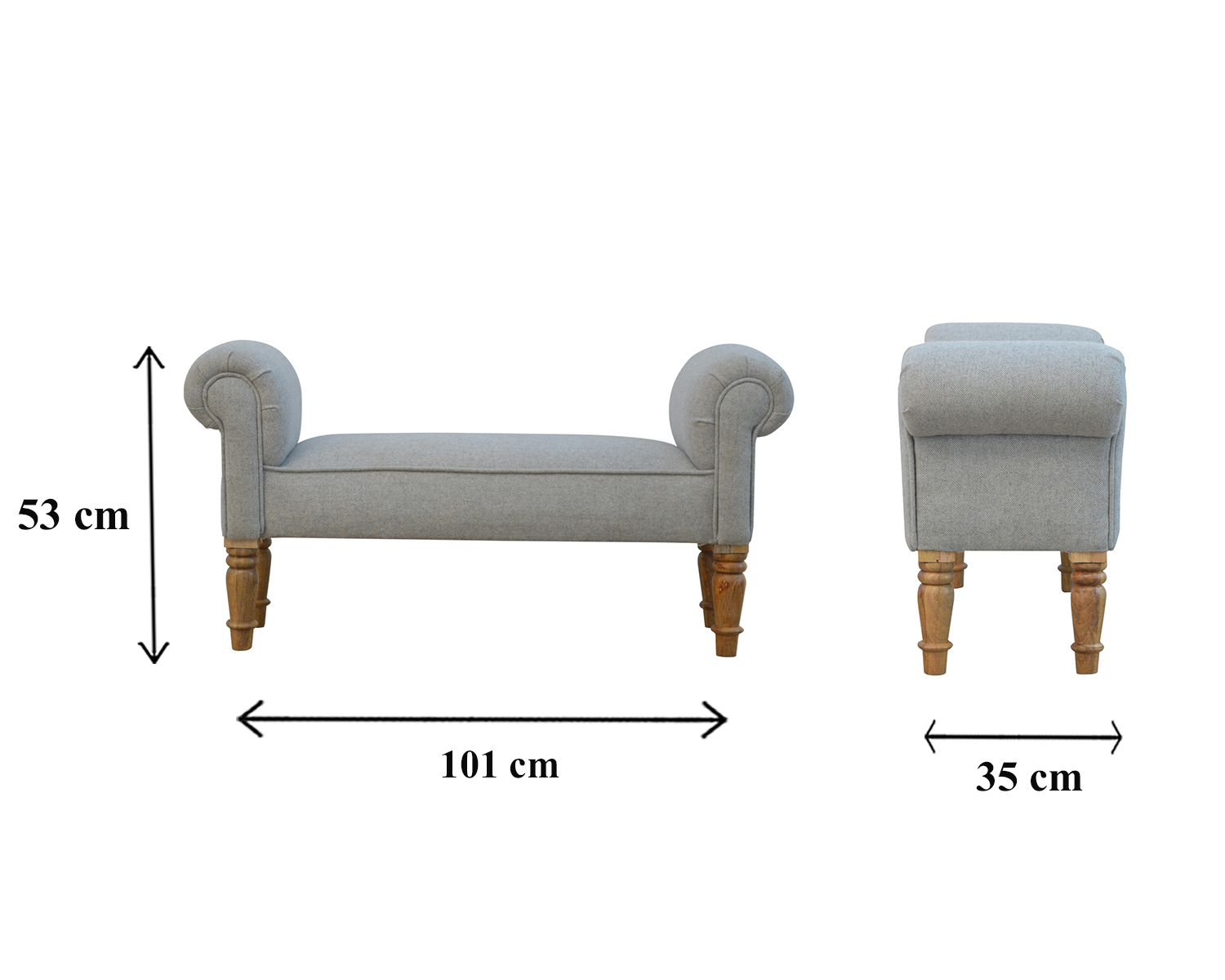Size chart for Grey Tweed Bench with Turned Feet