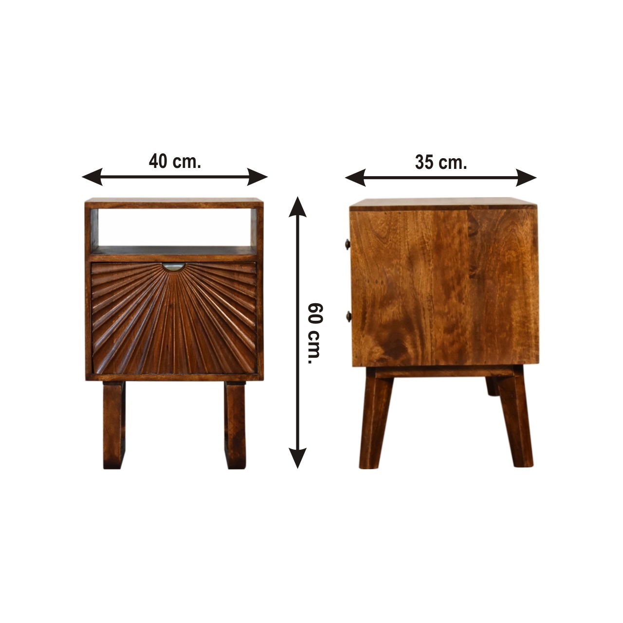 Size chart for Drew Bedside Table | Chestnut Solid Mango Wood