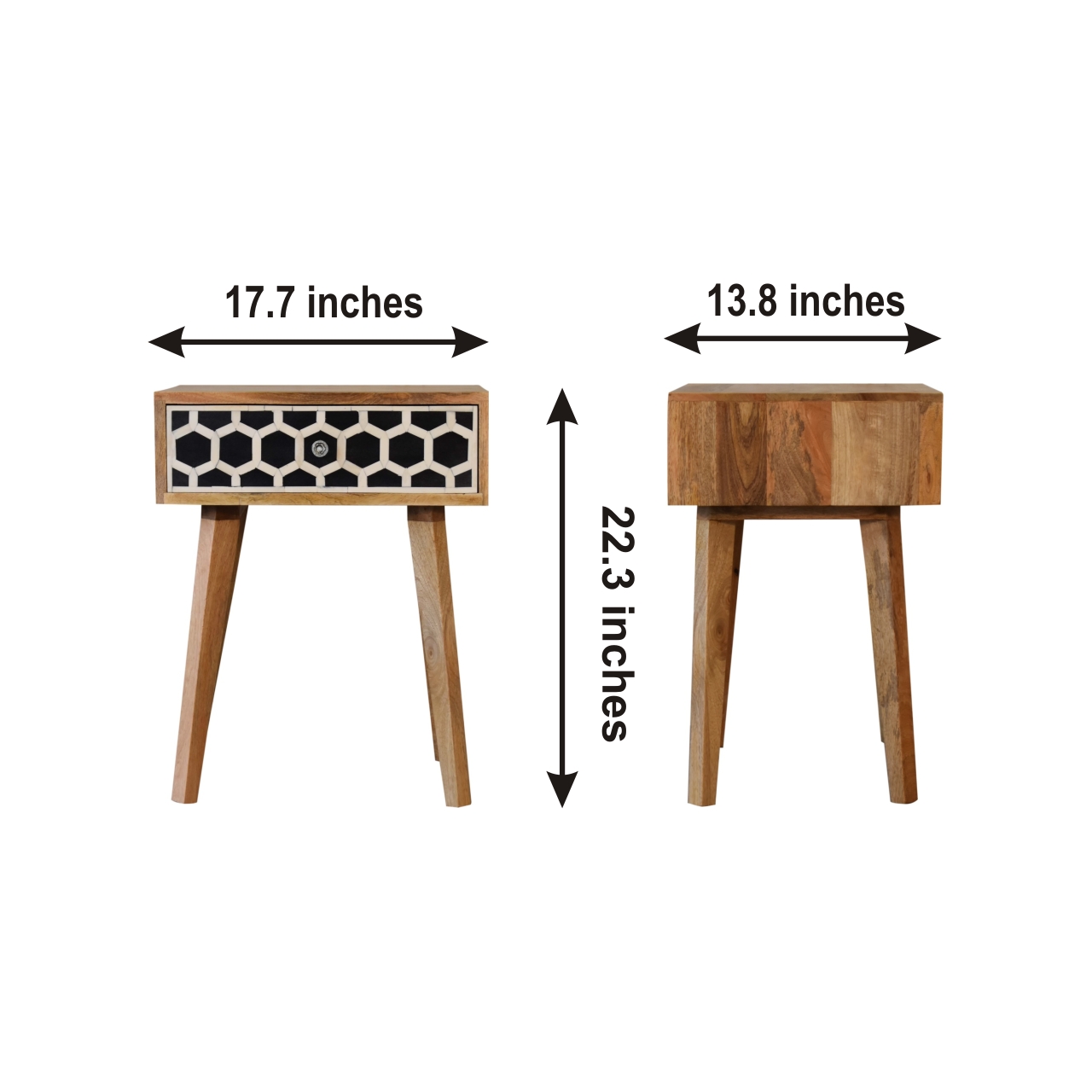 Size chart for Bone Inlay Tapered Bedside Table | Oak-Ish Solid Mango Wood