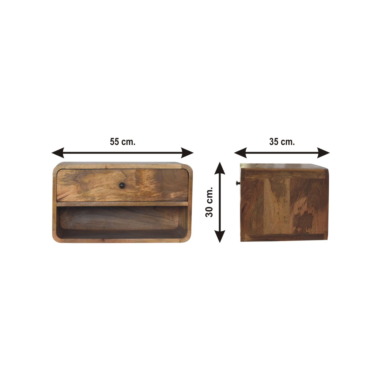 Size chart for Large Floating Curve Open Slot Bedside Table | Oak Solid Mango Wood Wall-Mounted