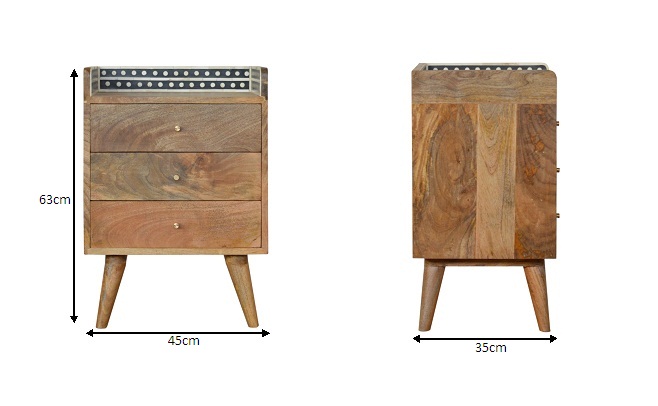 Size chart for Bone Inlay Gallery Back Bedside Table | Oak Mango Wood