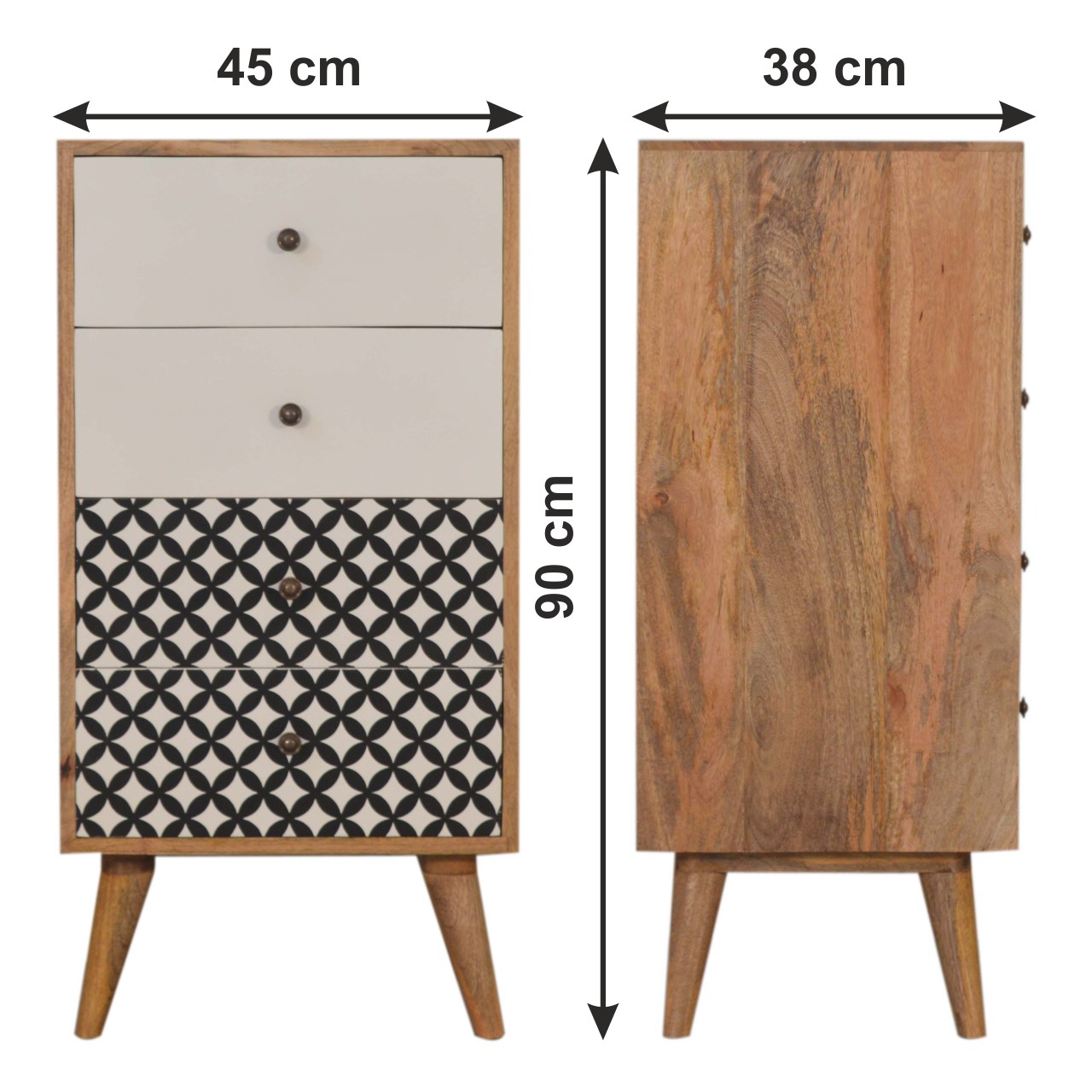 Size chart for Diamond Screen Printed Tallboy Chest of Drawers | Oak-Ish Solid Mango Wood