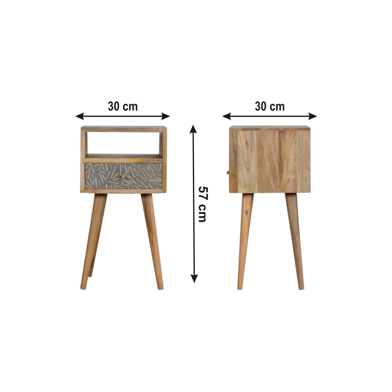 Size chart for Mini Cement Chip Drawer Bedside Table | Oak-Ish Solid Mango Wood