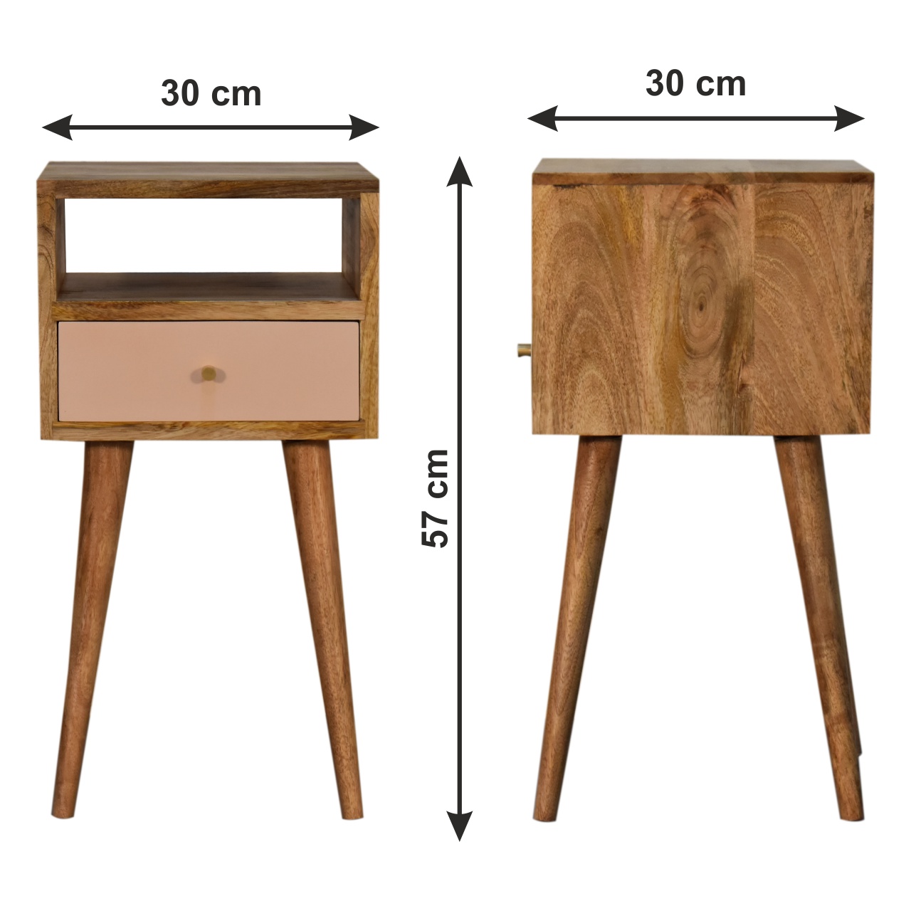 Size chart for Mini Blush Hand Painted Bedside Table | Oak-Ish Solid Mango Wood