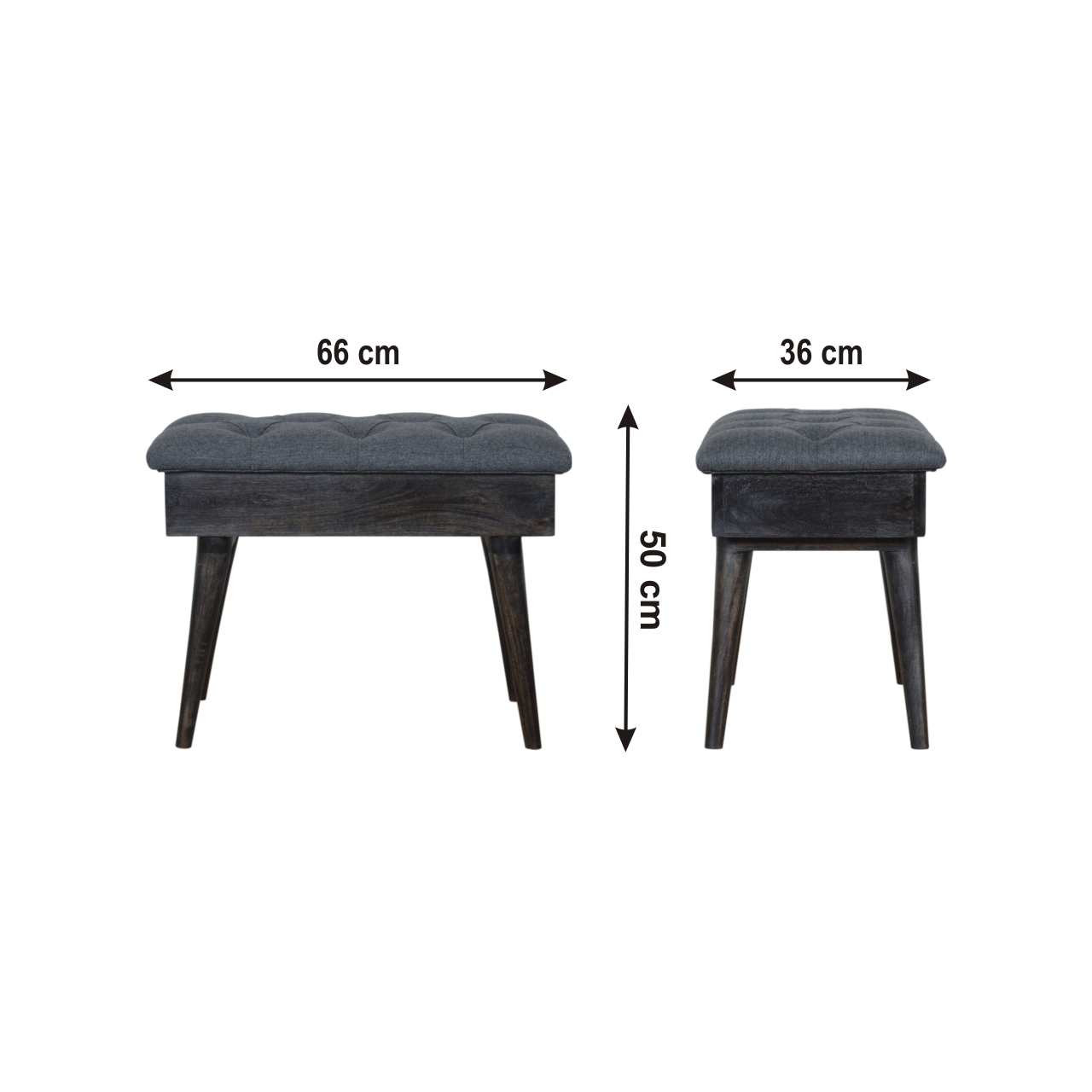 Size chart for Black Tweed Storage Bench | Hidden Storage