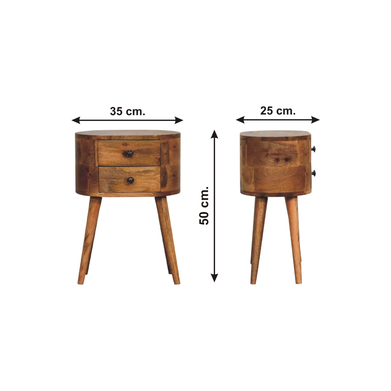 Size chart for Mini Oak-ish Rounded Bedside Table