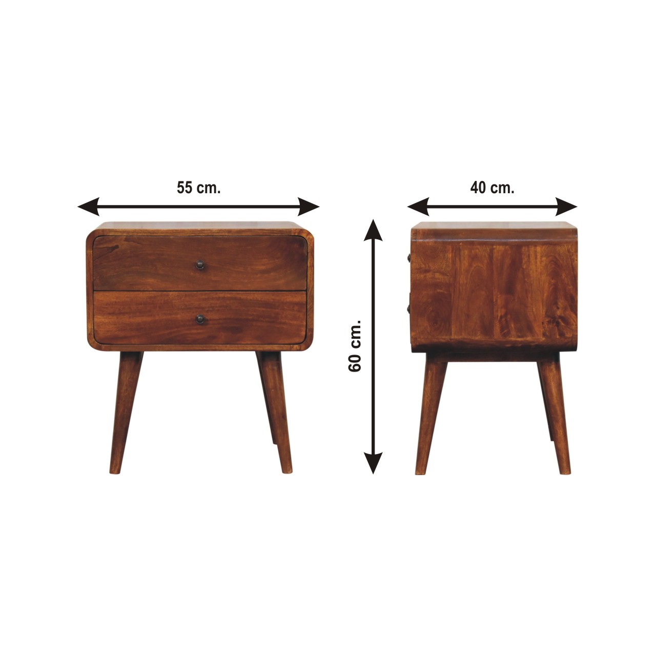 Size chart for Large Curved Chestnut Bedside Table
